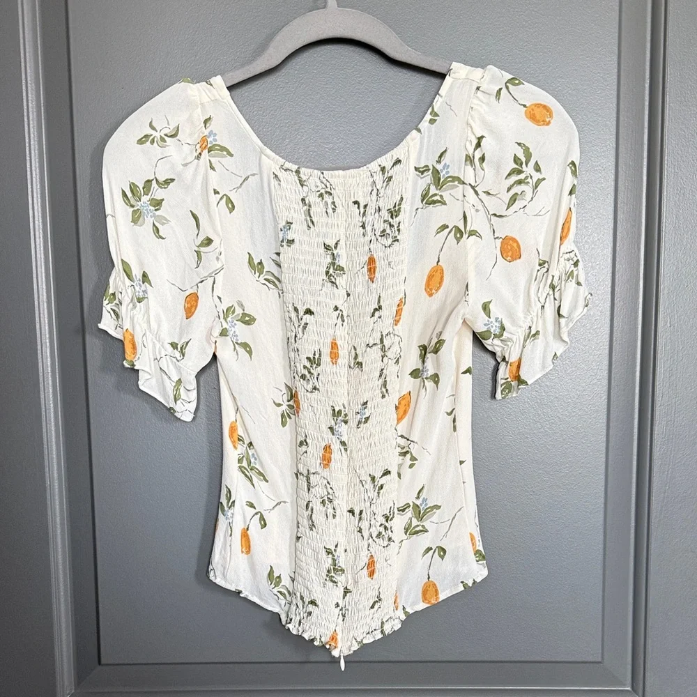 Reformation Cream Floral Tie-Front Puff Sleeve Top